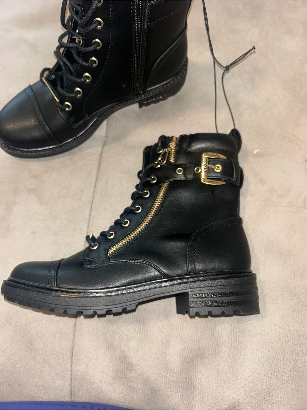 G by Guess Black Lace-Up Ankle Boots with Gold Hardware